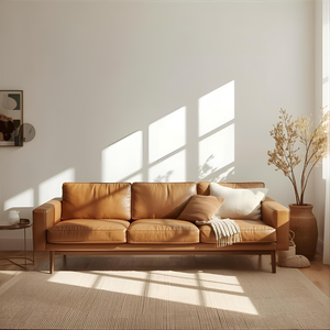 Sofá de Cuero Genuino de Alta Calidad, Estilo Moderno de Mediados de Siglo, 3 Plazas, Color Marrón, Construcción de Madera Sólida, Elegante para Sala de Estar - Product Image 3