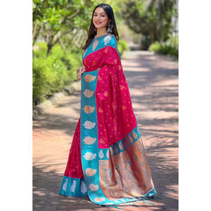 Sari en soie rose léger et doux Elite Weaves avec contraste tissé Zari, robes de soirée élégantes - Shopified - Product Image 3