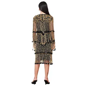 Vestido de Fiesta Vintage con Flecos de Cuentas Doradas, Vestido de Cóctel con Malla y Borlas para Mujer, Elegante Vestido de Noche Midi con Lentejuelas y Manga Larga - Product Image 2
