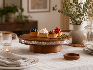 Wooden <b>Cake</b> <b>Stand</b> with Galvanized Metal Rim | Rustic Round Dessert Display Pedestal | Farmhouse Serving <b>Stand</b> 25x25x8 cm - Product Image 2