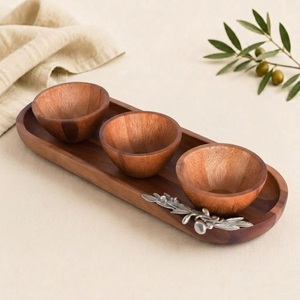 Luxury Handcrafted Acacia Wood Serving <b>Tray</b> with 3 <b>Condiment</b> Bowls Eco-Friendly Solid Wood Dipping Sauce Set for Hotel Supply - Product Image 1