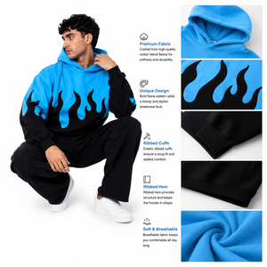 Sudadera con Capucha Unisex OME con Gráfico de Llama Bordado, Estampado de Fuego, 100% Algodón, Manga Larga, Corte Holgado, Ropa Casual Urbana, Venta al Por Mayor B2B - Product Image 6