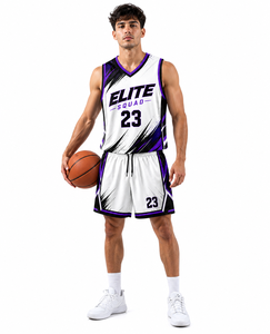 Conjunto de Camiseta y Pantalones Cortos de Baloncesto Premium Elite Squad en Blanco, Negro y Morado con Diseño Dinámico de Pinceladas para Competición - Product Image 3