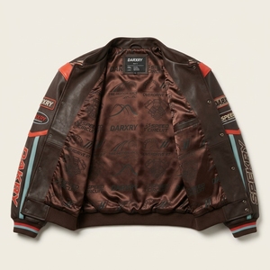 Blouson en cuir Crimson Overdrive pour homme, marron foncé, avec motif flamme, style varsity, pour la course automobile et la moto - Product Image 5