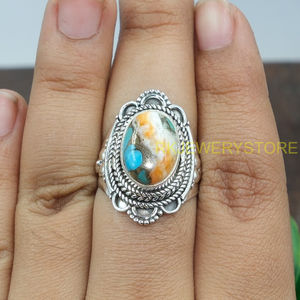 Anillo de Plata de Ley 925 con Gema de Turquesa y Ostra Espinosa Naranja, Diseño Hecho a Mano, Anillo de Declaración, Anillo de Promesa, Joyería - Product Image 2
