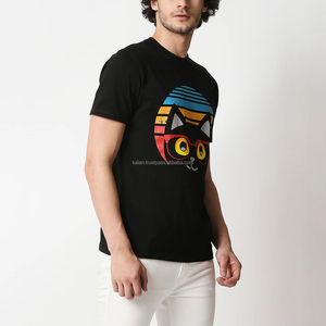 เสื้อยืดผ้าฝ้ายคอกลมแขนสั้นสีดำสำหรับผู้ชายพิมพ์ลายการ์ตูนแมวทรงพอดีตัวสไตล์ลำลอง - Product Image 2