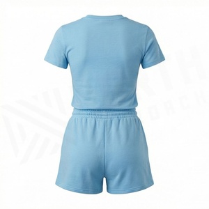 Conjunto Casual de 2 Piezas para Mujer, Color Azul Claro, Camiseta de Manga Corta y Pantalones Cortos por Encima de la Rodilla, Cuello Redondo, Estampado, Tejido de Punto, Algodón - Product Image 2