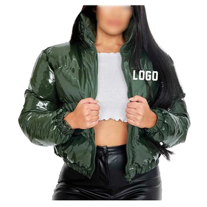 Custom Logo Women Shiny <b>Metallic</b> Puffer Jacket <b>Cropped</b> Quilted Winter Coat Stand Collar Zip Up Short Puffy <b>Top</b> Puffer Jacket - Product Image 2