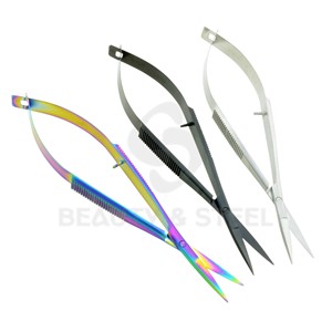 Professional Spring Action Cuticle Scissors Collection featuring Rainbow Plasma, Matte Black, and <b>Sandblasted</b> Silver - Product Image 2