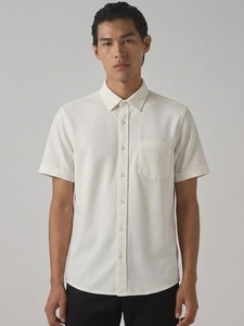 Chemise habillée blanche en popeline de coton à manches courtes pour homme, col rabattu, couleur unie, infroissable, style décontracté chic, idéale pour l'été - Product Image 2
