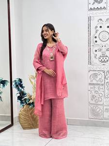 Conjunto de Salwar Kameez de 3 Piezas con Bordado Étnico Indio Moderno en Color Rosa para Mujer, Marca LD CREATION |   Ropa Festiva Elástica y Sin Arrugas para Fiestas - Product Image 3