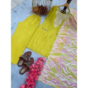 Conjunto de ropa de fiesta de diseñador para mujer Top Plazzo Beautiful Dupatta - Product Image 4