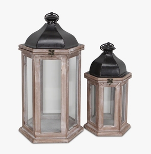 Juego de Faroles de Madera para Velas, Portavelas Hexagonal Vintage con Techo de Metal, Lámpara Decorativa Rústica Tipo Huracán para Decoración del Hogar y Jardín - Product Image 2