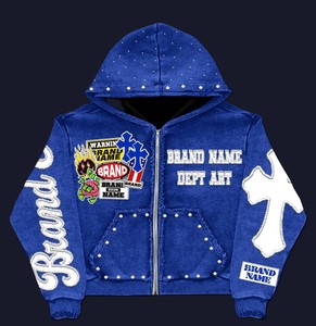Custom Unisex Streetwear Cotton Graphic Acid Wash Oversized Rhinestones Faded Distressed Zip up Hoodie - Product Image 5
