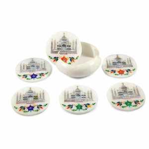 Ensemble de sous-verres tendance en marbre Taj Mahal avec incrustations, grandes dalles, faits à la main, en pierre naturelle, imperméables, pour la protection de la table à la maison - Product Image 2