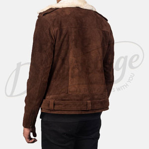 Chaqueta de Motociclista de Gamuza Marrón Chocolate Premium para Hombre, Chaqueta de Cuero Genuino con Cierre Asimétrico y Cinturón, con Cuello de Piel - Product Image 2