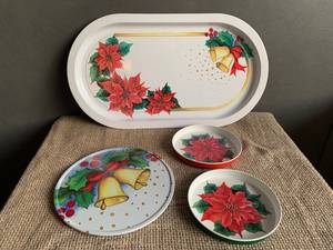 Metal Oval <b>Serving</b> Tray with Poinsettia Design Handpainted <b>Dishes</b> <b>Set</b> for Party Decor - Product Image 2