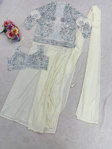 Sari indio-pakistaní de seda crepé pesada bordado con falda plisada para mujer, ropa étnica para bodas y fiestas - Product Image 6
