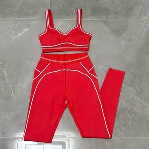 Women's Premium Contrast Color Yoga Set 3-Piece V-Neck Front Seamed Slim Fit Shockproof Sports <b>Bra</b> High Waist Leggings - Product Image 6