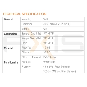 Filtro Coalescente de Gas Industrial SGCF1 SS316 con Drenaje de Condensado para Aplicaciones de Analizador de Procesos con Aglutinante PVDF - Product Image 3