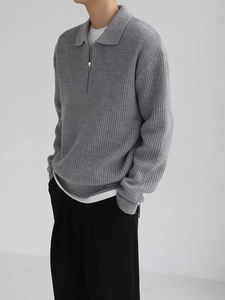 <b>Men's</b> Wool Half Zip Cardigan Turn-down Collar Thick Knit Solid Color Winter Wear Anti-Pilling Regular Sleeve - Product Image 2