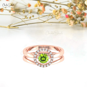 Anillo de Oro Sólido de 14k Hecho a Mano con Peridoto Redondo Genuino de 5mm y Halo de Diamantes, Joyería Fina Personalizada de Fabricante - Product Image 1
