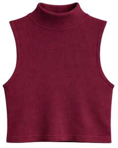 Top corto sin mangas de cuello alto acanalado rojo vino personalizado, ajustado, elástico, informal, de verano, para mujer, chaleco de moda - Product Image 1