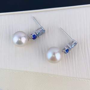 Boucles d'oreilles pendantes en argent S925 avec perle d'eau douce non-nucléaire de 8-9 mm, ronde, sans défaut, bleu océan, trésor, avec tempérament, bonne qualité - Product Image 4