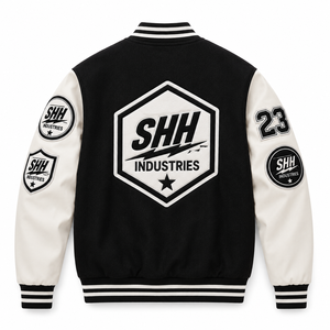 แจ็คเก็ต Letterman Varsity สีดำแบบกำหนดเอง พร้อมปักโลโก้ หมายเลข 23 แขนเสื้อตัดสี กระดุมแป๊กด้านหน้า สไตล์เรโทร โดย SHH - Product Image 2