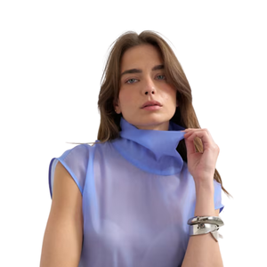 Blusa Transparente de Cuello Alto para Mujer, Top de Manga Corta con Cierre de Botones en la Espalda, Dobladillo Curvo, Lisa, Transparente, para Trabajar o Combinar en Capas, Camisa de Verano - Product Image 4