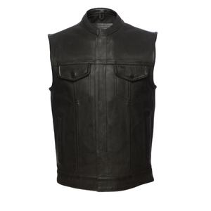 Gilet en cuir noir avec fermeture à boutons, qualité supérieure, mode, hiver, moto, gilet en cuir de vache, deux poches avant - Product Image 1