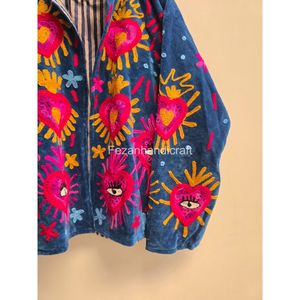 เสื้อโค้ทผู้หญิงลายหัวใจ ปักลายตา แจ็คเก็ตกำมะหยี่สีน้ำเงิน แขนยาว ปกคอพับ สำหรับฤดูใบไม้ร่วง - Product Image 4