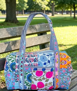 Bolsa de lona bohemia hecha a mano con estampado de bloques, bolsa de viaje vintage para mujer, bolsa de lona acolchada de algodón indio, tamaño personalizado aceptado. - Product Image 3