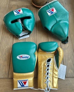 Winning Boxing Set <b>Green</b> Gold <b>Leather</b> 16oz Boxing <b>Gloves</b> Laced Full Finger Adult Fighting Gear - Product Image 1