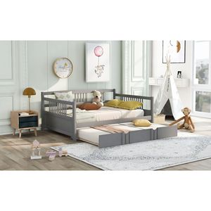 Set Letto per Bambini in Legno Grigio con Divano Letto Matrimoniale e Letto Estraibile Singolo - Product Image 3
