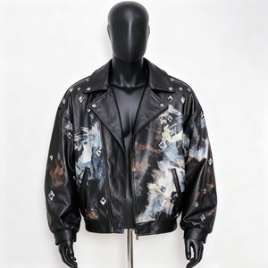 Men'sLeather Bomber <b>Jacket</b> Turn-down Collar Zipper Closure Embossed <b>Star</b> Gear Pattern Casual Style Regular Length - Product Image 1