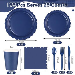 Kit de Artículos Desechables para Fiesta Azul Marino para 25 Personas, 175 Piezas, Incluye Platos Festoneados, Servilletas, Vasos y Cubiertos de Plástico - Product Image 3