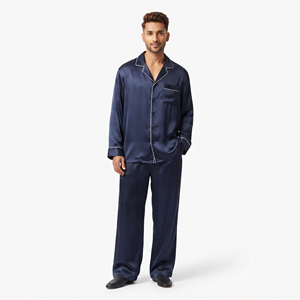 Ensemble de pyjama décontracté pour homme en satin, style streetwear, avec boutons, 100 % soie, manches longues, taille mi-cordon, jambe large, pour l'hiver - Product Image 6