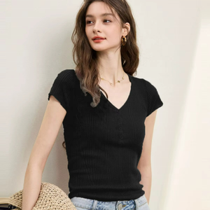 เสื้อแขนสั้นลำลองสำหรับผู้หญิง สไตล์พังก์ ผ้าไหม/ผ้าฝ้ายผสม คอวี กระดุมหน้า ระบายอากาศได้ดี ทรงเข้ารูป สำหรับฤดูร้อน - Product Image 5