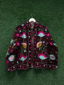Handmade Brown <b>Velvet</b> Suzani Embroidered <b>Jacket</b> with Floral Pattern Full Sleeve Stand Collar Bohemian <b>Women's</b> Autumn Outerwear - Product Image 5