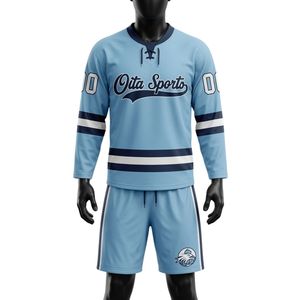 Men <b>Light</b> Blue Sublimated Ice Hockey V <b>Neck</b> Striped Jersey Shorts Set Polyester Sports Clothing Match Training Performance Wear - Product Image 1