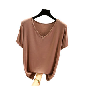 T-shirts en coton modal de bonne qualité, unis, en gros, col en V, manches courtes, tops d'été, mode coréenne, décontractés, pour femmes - Product Image 4