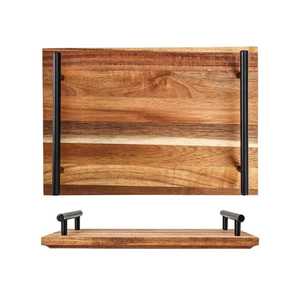 Plateau de service rectangulaire en bois artisanal moderne avec poignées noires pour la décoration, vente en gros - Product Image 1