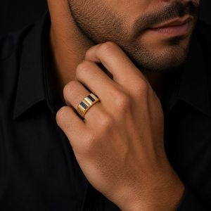 <b>Mens</b> 18KT Yellow Gold Dual Square <b>Black</b> and White Cubic Zirconia <b>Ring</b> Geometric Openwork Statement Band Wedding Party Gift Jewe - Product Image 5