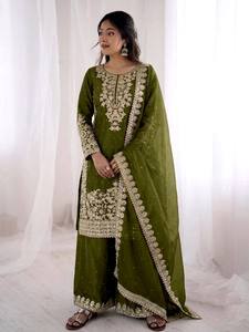 Heavy Embroidered <b>Silk</b> Kurta Palazzo Set Olive <b>Green</b> Floral Beaded Salwar Kameez for Wedding Party Graduation Diwali Spring - Product Image 2