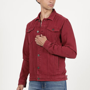 Chaqueta de mezclilla roja para hombre, corte ajustado, cierre de botones, color liso, estilo casual de otoño, algodón lavable, estilo tejido con costuras decorativas - Product Image 3