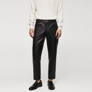 PIHA SPORTS <b>Men's</b> <b>Wool</b> Long <b>Coat</b> <b>Double</b> <b>Breasted</b> Black Leather Pants Casual Winter Outwear Waterproof Anti-Wrinkle Midweight - Product Image 2