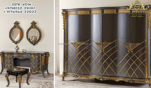 Armario de triple puerta de oro negro tallado clásico, lujoso armario tallado a mano para el hogar, armario dorado de madera de teca para dormitorio - Product Image 4