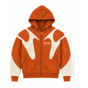 Orange Contrast Panel <b>Zip</b> Up <b>Hoodie</b> Men Streetwear Full Zipper Long Sleeve Custom Casual Fleece Hooded Sweatshirt With <b>Pocket</b> - Product Image 1