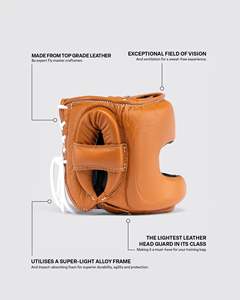 Protège-tête de boxe de haute qualité, couleur orange doré, fabriqué en cuir véritable, logo, demi-visage, à lacets, pour Muay Thai - Product Image 4